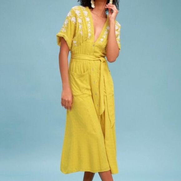 Free People Dresses & Skirts - NWT Free People Love To Love You Dress yellow embroidered midi dress Sz S